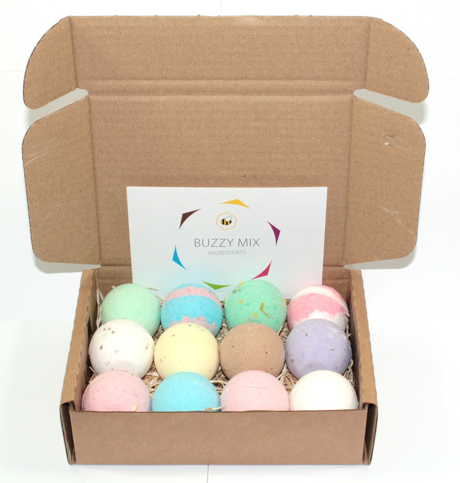 bath bombs in box with open lid and leaflet