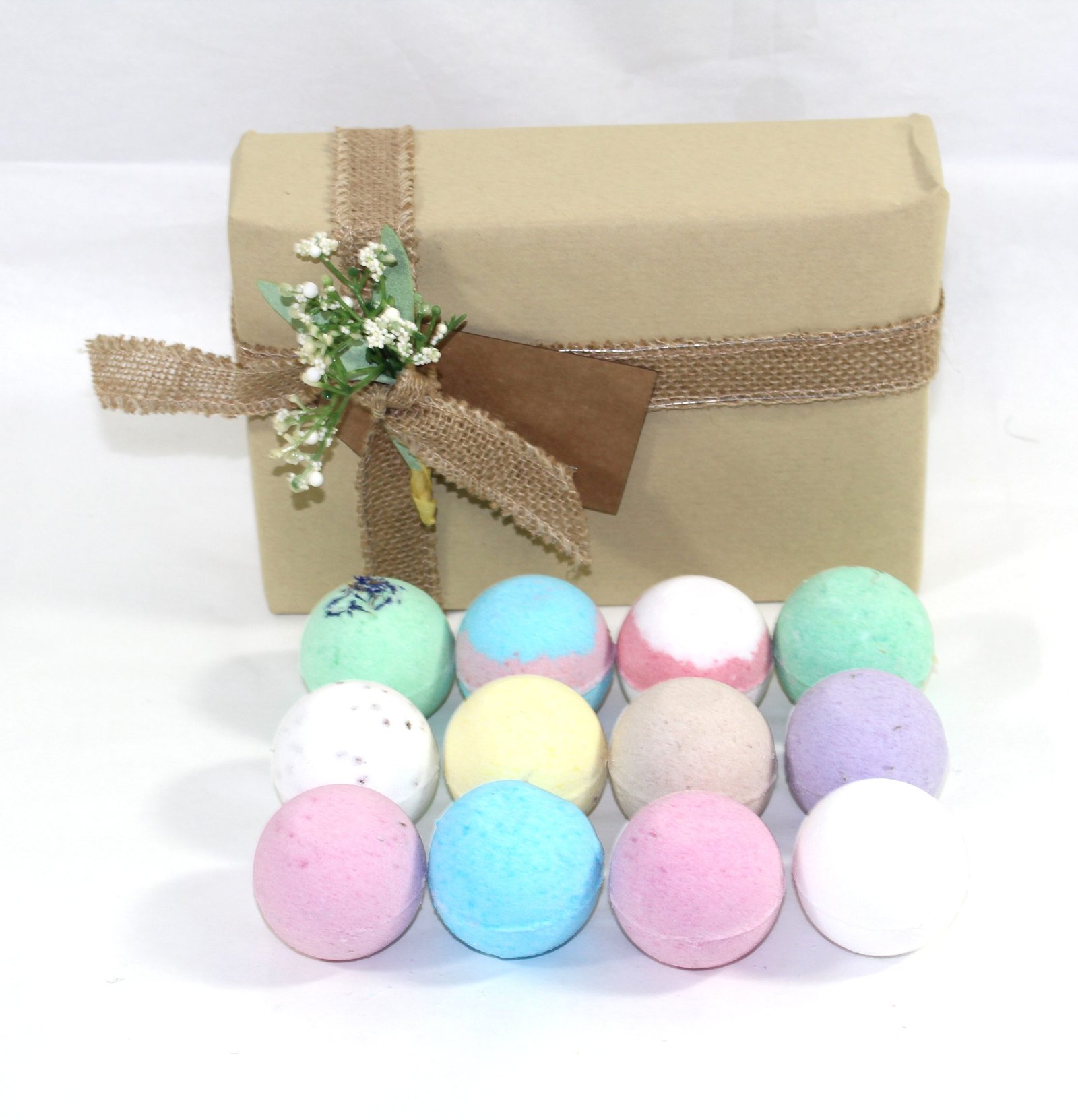 natural gift wrap with bath bombs in front